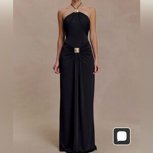 Meshki Black Halter Dress with Gold Accents